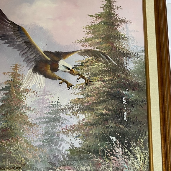Original Oil Painting By M. Henderson Eagle Flying Through Forest Signed/Framed - Picture 5 of 10